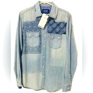 Scotch & Soda Men’s Medium Blue Patchwork Denim Shirt Button Up Pearl Snap New